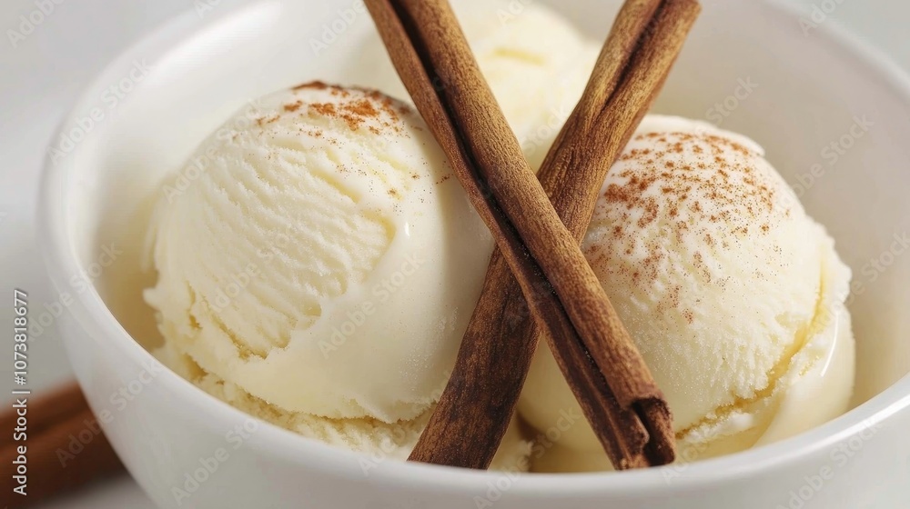 Creamy vanilla ice cream served in a white bowl accented with cinnamon sticks Creamy vanilla ice cream served in a white bowl accented with cinnamon sticks