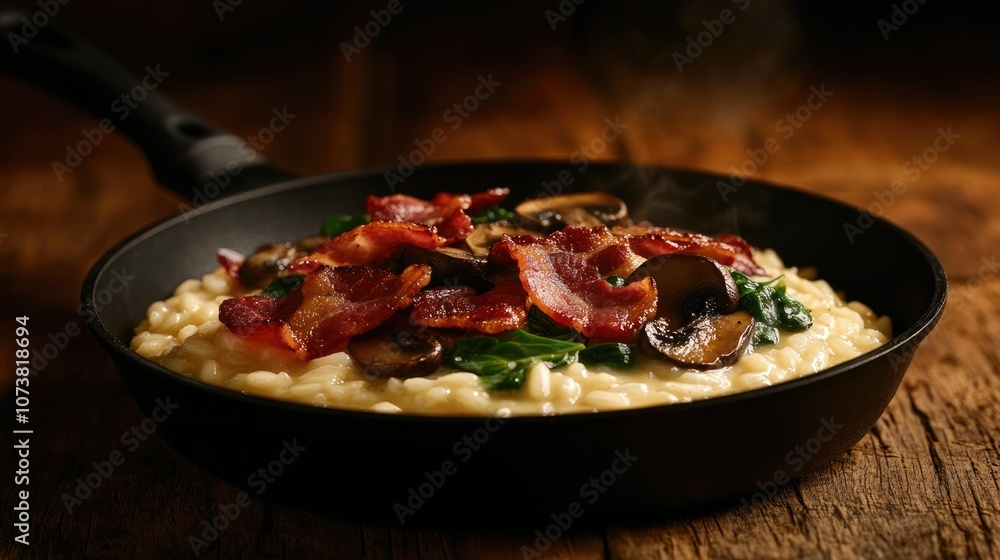 Creamy risotto with bacon mushrooms and greens cooked in a frying pan on a rustic wooden table Creamy risotto with bacon mushrooms and greens cooked in a frying pan on a rustic wooden table