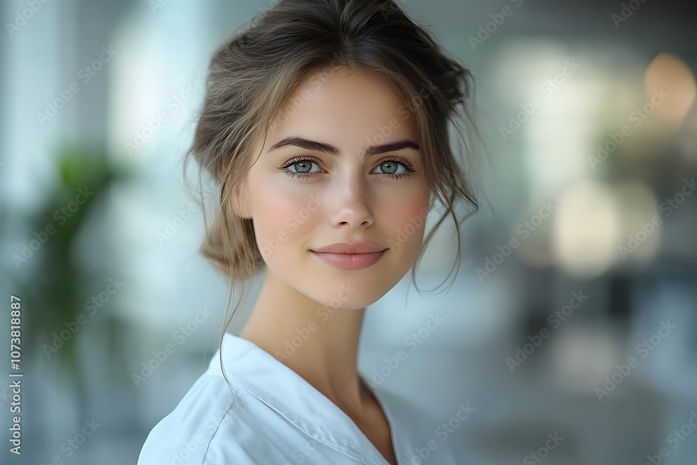 Confident Woman with Green Eyes and Glowing Skin in Natural Light Portrait Confident Woman with Green Eyes and Glowing Skin in Natural Light Portrait