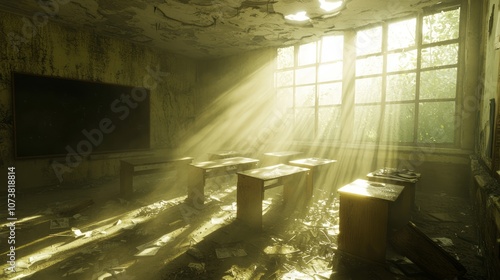 Wallpaper Mural Abandoned Schoolhouse: A Haunting Tribute to Bygone Education Era | Golden Sunlight Illuminating Dusty Desks and Chalkboards Torontodigital.ca