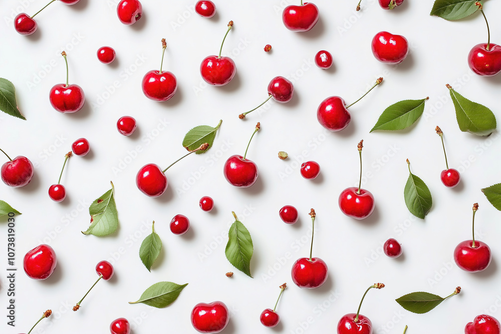 Fresh cherries with vibrant green leaves scattered on a white background, ideal for summer desserts and snacks. Generative AI Fresh cherries with vibrant green leaves scattered on a white background, ideal for summer desserts and snacks. Generative AI