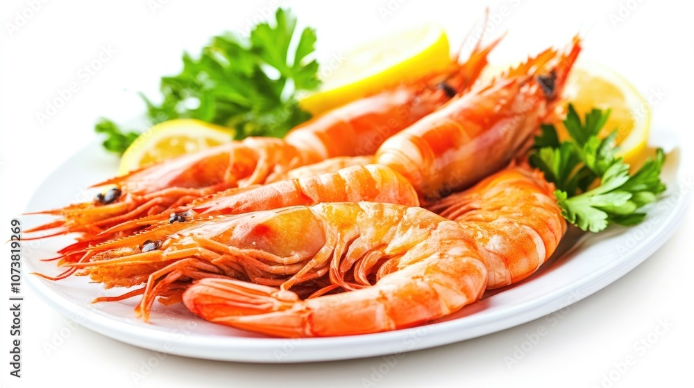 Cooked king prawns served on a dish with lemon isolated on a white background Cooked king prawns served on a dish with lemon isolated on a white background