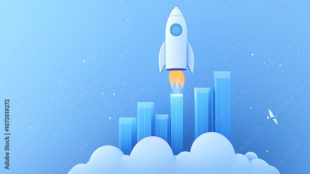 A rocket taking off over an upward-trending bar graph, Business graph chart rocket A rocket taking off over an upward-trending bar graph, Business graph chart rocket