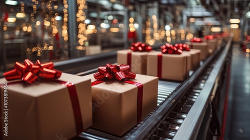 Conveyor belt transports boxes adorned with bows down the production line Industrial theme showcases holiday gift creation with festive packages in an operational facility photo