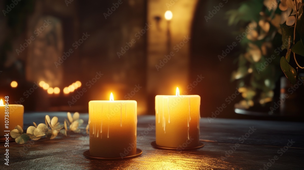 3D rendering of illuminated candles in an interior setting 3D rendering of illuminated candles in an interior setting