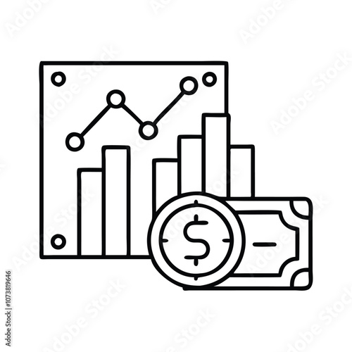 Financial chart icon with dollar and graph, Line vector icon showing a bar chart, graph, and dollar sign, symbolizing financial analysis, investment insights, and business performance. 