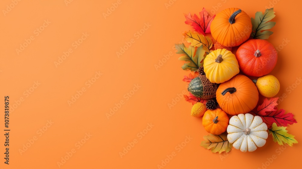 A festive abstract Thanksgiving depiction with autumn leaves and cornucopias on a warm orange background. A festive abstract Thanksgiving depiction with autumn leaves and cornucopias on a warm orange background.