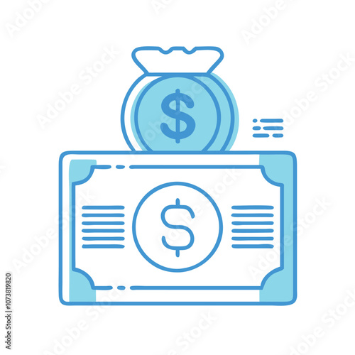 Dollar bill and money bag line icon, Blue line vector icon of a dollar bill and a money bag, representing wealth, financial savings, and monetary success.
