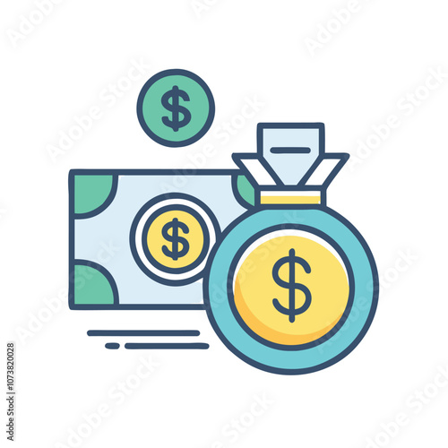 Money bag and dollar bill vector icon, Colorful vector icon featuring a money bag, dollar bill, and coin, symbolizing wealth, financial savings, and monetary success.
