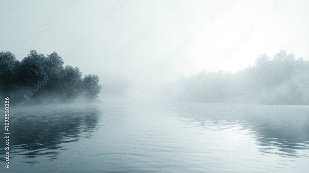 Foggy lake scene in monochrome style with 3D rendering effects Foggy lake scene in monochrome style with 3D rendering effects