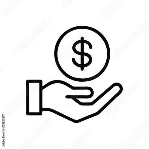 Hand holding dollar sign line icon, Line art vector icon of a hand holding a dollar sign, symbolizing financial support, investment, and monetary assistance.

