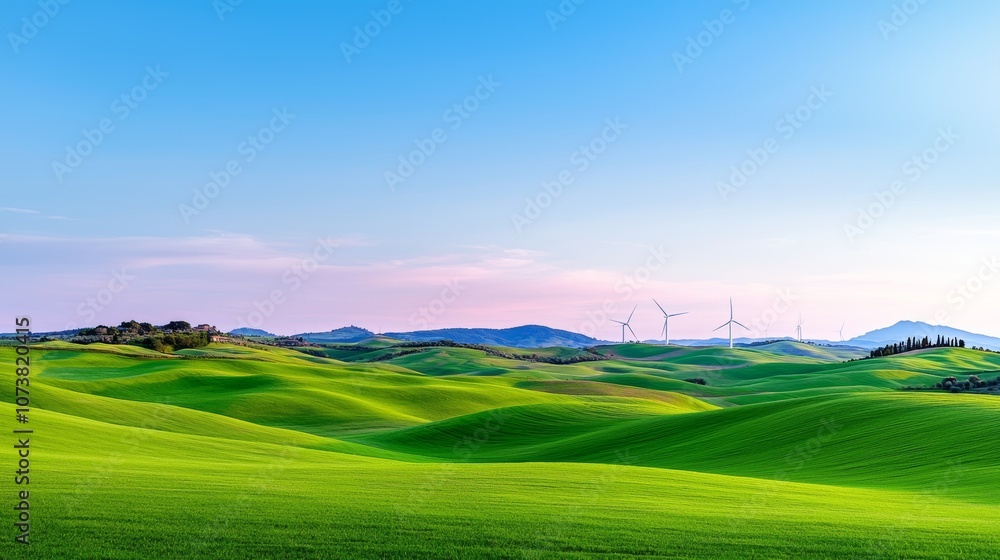 This image captures the beauty of nature and renewable energy. Rolling green hills and a clear blue sky are the backdrop to this image. This image captures the beauty of nature and renewable energy. Rolling green hills and a clear blue sky are the backdrop to this image.