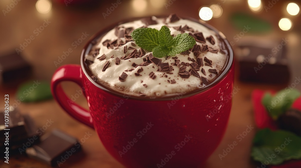 Close up of a seasonal mint mocha beverage featuring chocolate and coffee served in a vibrant red mug
