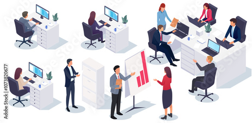 A group of professionals working in an office environment, isometric style, on a white background. Concept of teamwork. Vector illustration