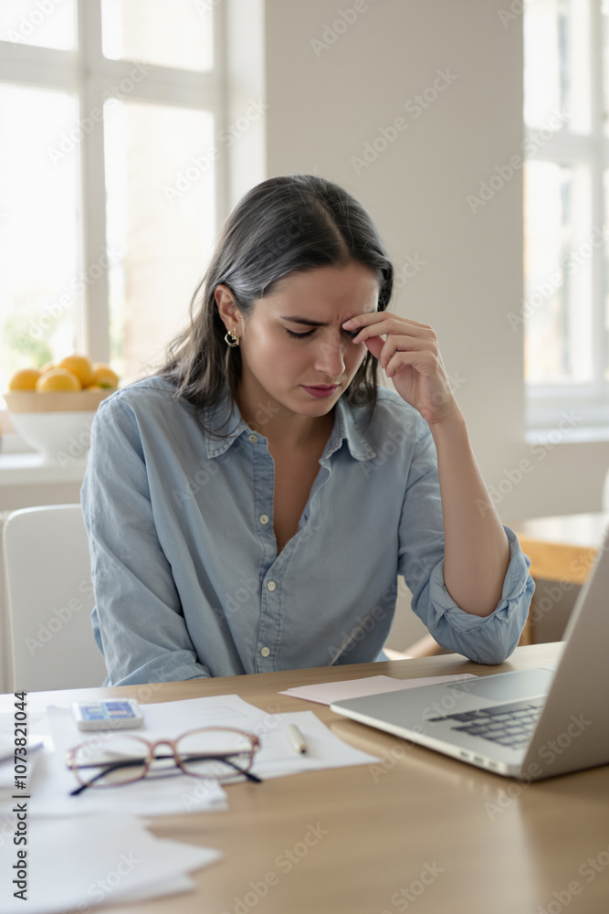 Stressed Young Woman Working from Home, Holding Head in Frustration Stressed Young Woman Working from Home, Holding Head in Frustration