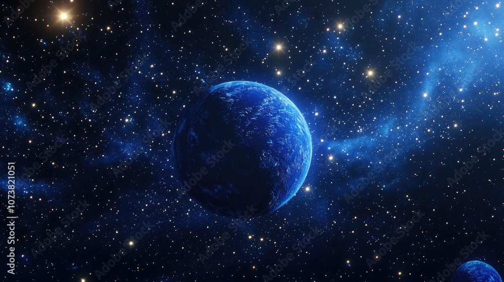 3D cartoon depiction of a blue planet surrounded by stars in space 3D cartoon depiction of a blue planet surrounded by stars in space