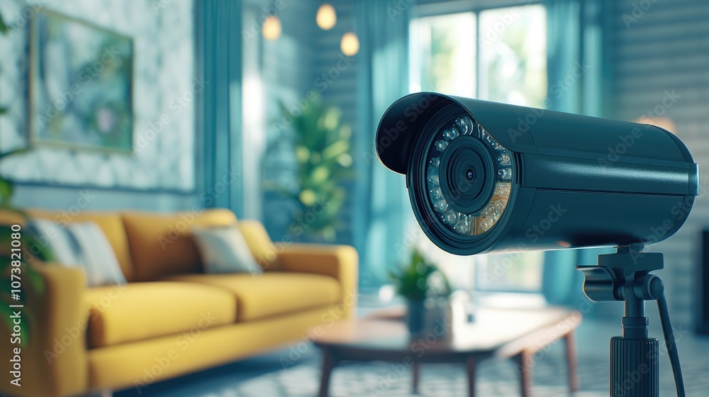 3D rendering of a living room interior featuring a comfortable sofa observed through a CCTV security camera 3D rendering of a living room interior featuring a comfortable sofa observed through a CCTV security camera