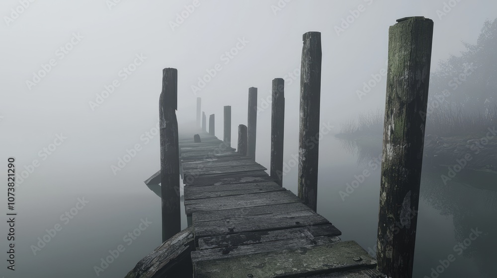 Fototapeta premium Eerie Mystique of Abandoned Pier in Foggy Lake - Atmospheric Photo of Weathered Wooden Posts with a Hint of Forgotten History