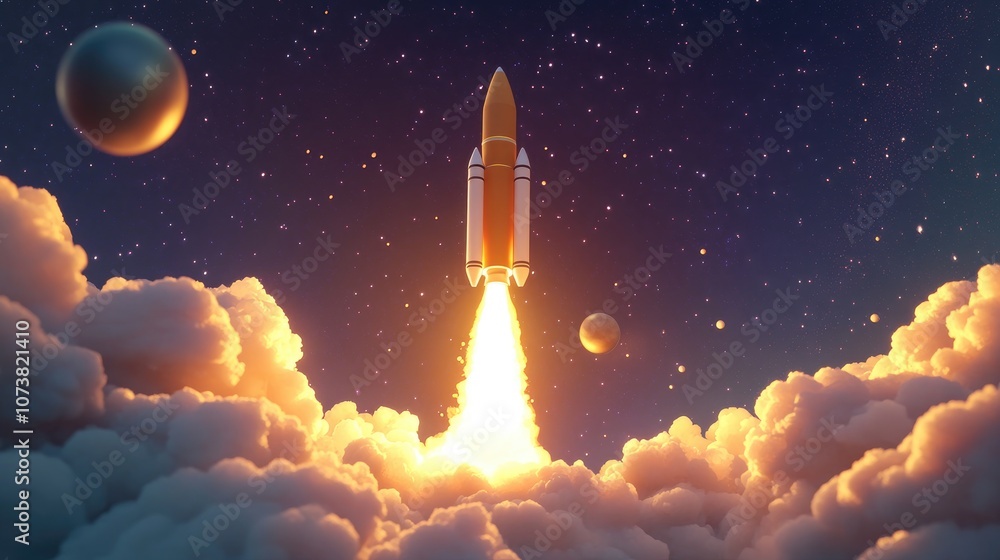3D cartoon depiction of a rocket launching through clouds and ascending into deep space successfully departing from planet Earth in orbit 3D cartoon depiction of a rocket launching through clouds and ascending into deep space successfully departing from planet Earth in orbit