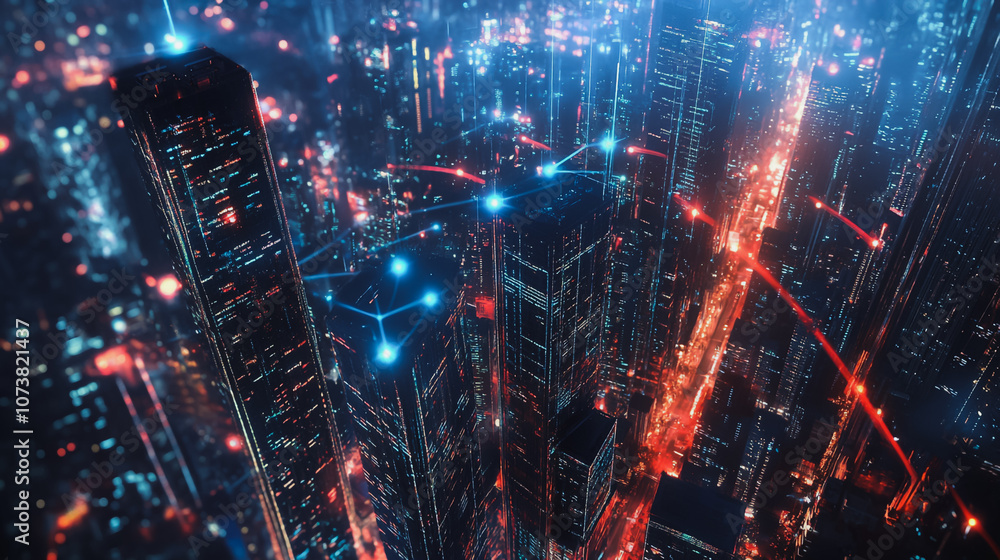 custom made wallpaper toronto digitalmart digital Innovation city Business skyscrapers in the Financial District with connection network reciprocity over the cityscape. of future smart wireless digital city and social media networking