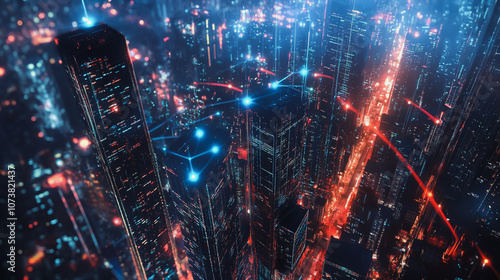 Wallpaper Mural mart digital Innovation city Business skyscrapers in the Financial District with connection network reciprocity over the cityscape. of future smart wireless digital city and social media networking Torontodigital.ca