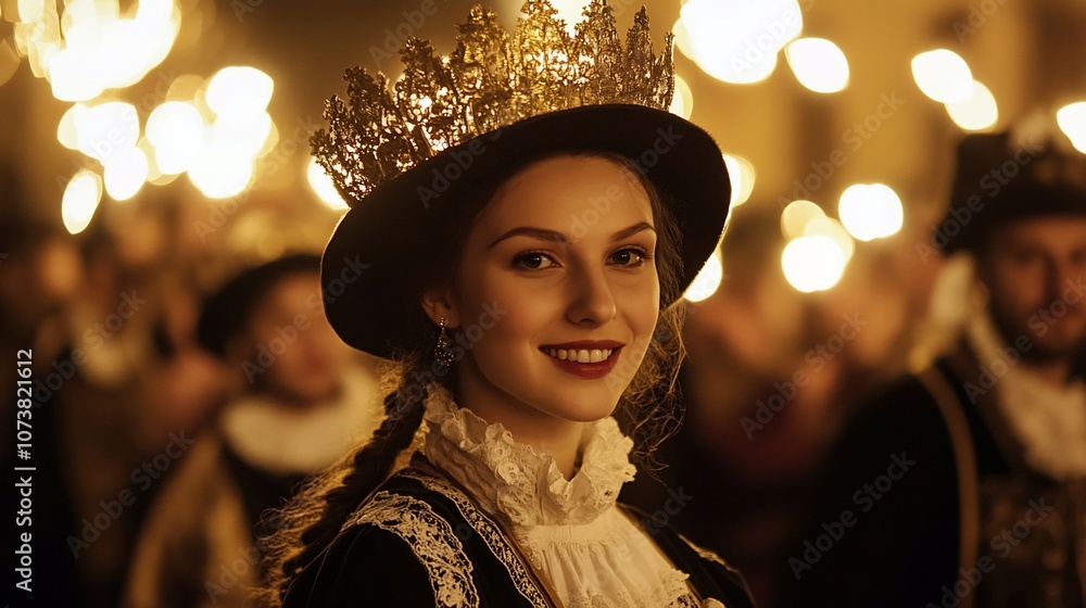 A young woman in a traditional costume and a crown smiles at the camera. A young woman in a traditional costume and a crown smiles at the camera.