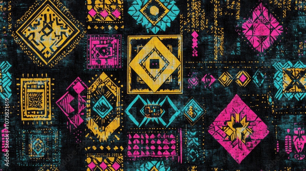 Fototapeta premium Ethnic embroidery featuring a seamless Aztec pattern Traditional texture with a tribal print Fabric design showcasing Mexican and Indian motifs Folk patchwork in black cyan pink green and gold