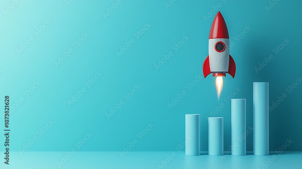 A rocket taking off over an upward-trending bar graph, Business graph chart rocket A rocket taking off over an upward-trending bar graph, Business graph chart rocket