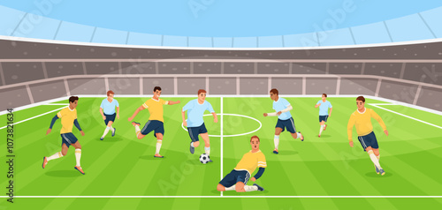 A group of players competing on a soccer field, in a dynamic style, set in an outdoor stadium. Vector illustration