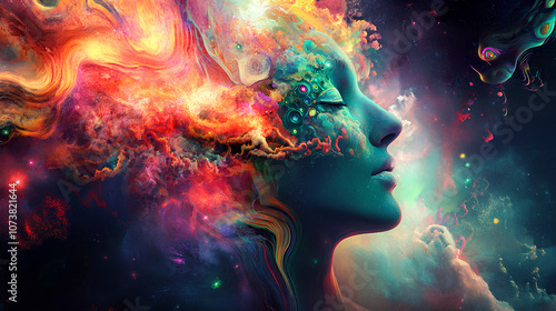 Abstract cosmic woman with nebula and galaxy background