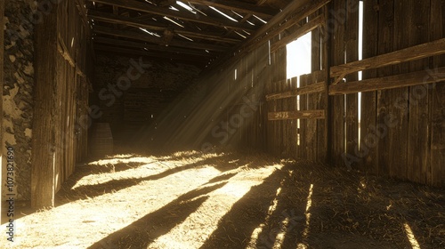 Rustic Charm: Dilapidated Barn in Picturesque Valley with Sunlight Streaming Through Gaps and Long Shadows