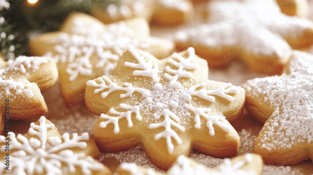 Beautiful snowflake cookies decorated with white icing and powdered sugar Beautiful snowflake cookies decorated with white icing and powdered sugar