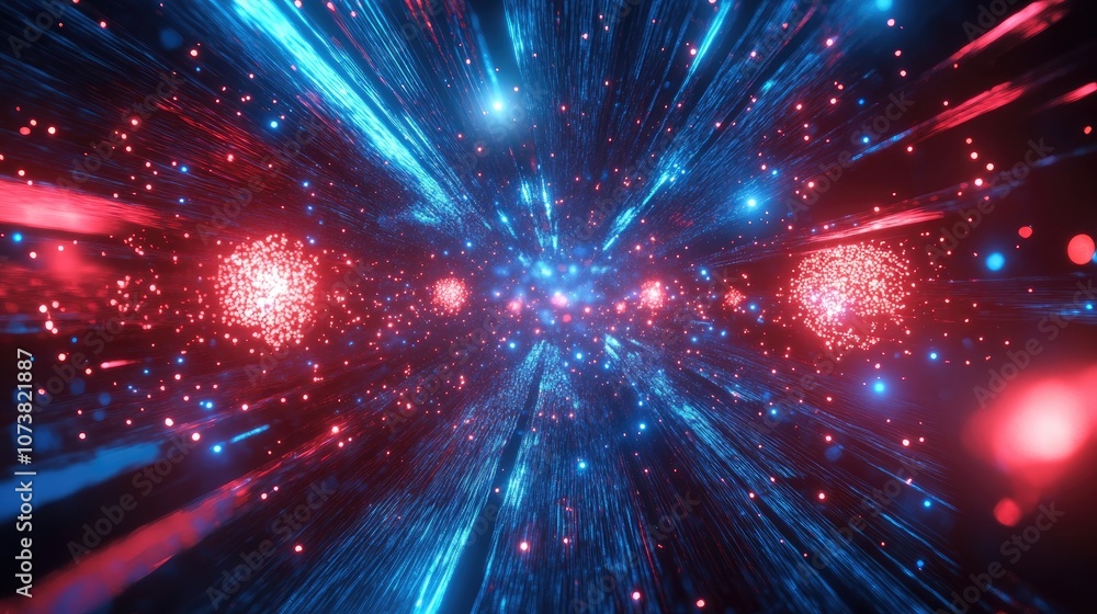 Obraz premium Colorful red and blue laser lights create a cosmic background in this 3D cartoon rendering ideal for digital wallpaper