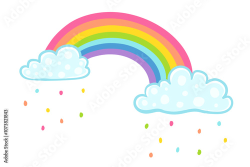 Vector illustration of a rainbow with clouds in kawaii style. Vector clouds with confetti and rainbow.