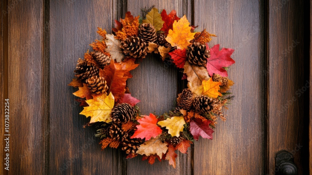 Beautiful autumn wreath made with colorful leaves and pinecones Beautiful autumn wreath made with colorful leaves and pinecones