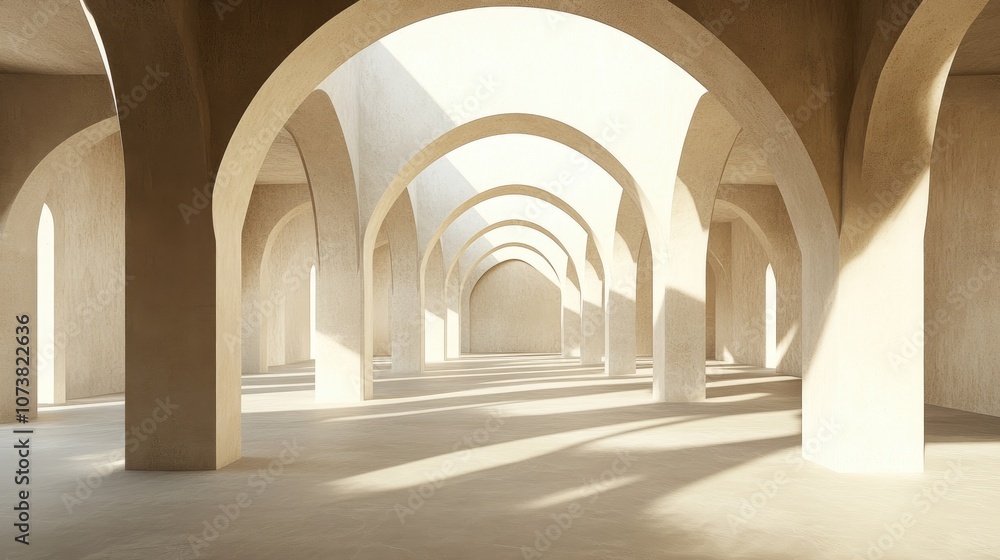 Wide view of the historical Art Caravanserai in a 3D rendering showcasing shadows and sunlight on the arches Wide view of the historical Art Caravanserai in a 3D rendering showcasing shadows and sunlight on the arches