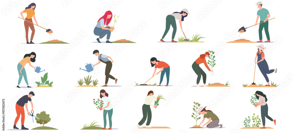 A collection of people gardening in different activities. Vector illustration A collection of people gardening in different activities. Vector illustration