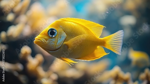 A single yellow fish swims in an aquarium with a blurry background of coral and other fish.