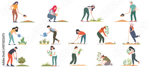 A collection of people gardening in different activities. Vector illustration