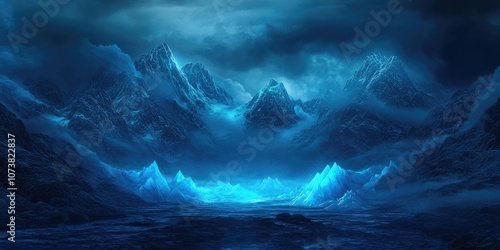 Glacier landscape with icy blue hues and surrounding mountains in a national park setting, Glacier landscape with icy blue tones and mountains in a natural setting