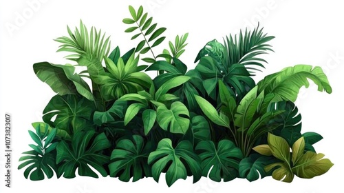 Dense arrangement of lush green tropical plants featuring an array of leaves isolated against a white background