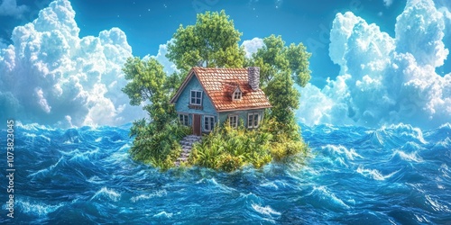 Panoramic view of a solitary house situated on the surface of a lagoon within a serene natural park, Panoramic view of a lone house on a lagoon in a tranquil natural setting