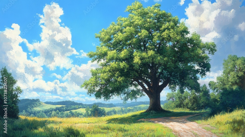 Fototapeta premium Oil painting of a picturesque landscape showcasing a grand tree surrounded by lush greenery beneath a bright blue sky