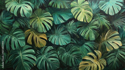 Oil painting depicting green leaves and lush plant foliage