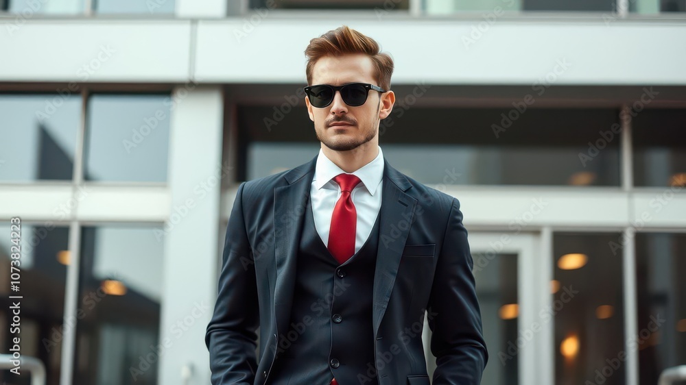 Fototapeta premium Sleek and modern young professional dressed in tailored suit and tie, male, attire, groomed