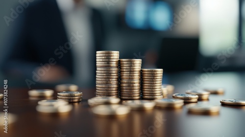 Stack of Coins Representing Growth in Finance and Banking Sector, Blurred Background with Professional Figures Illustrating Capital Investment Concept in Realistic Setting