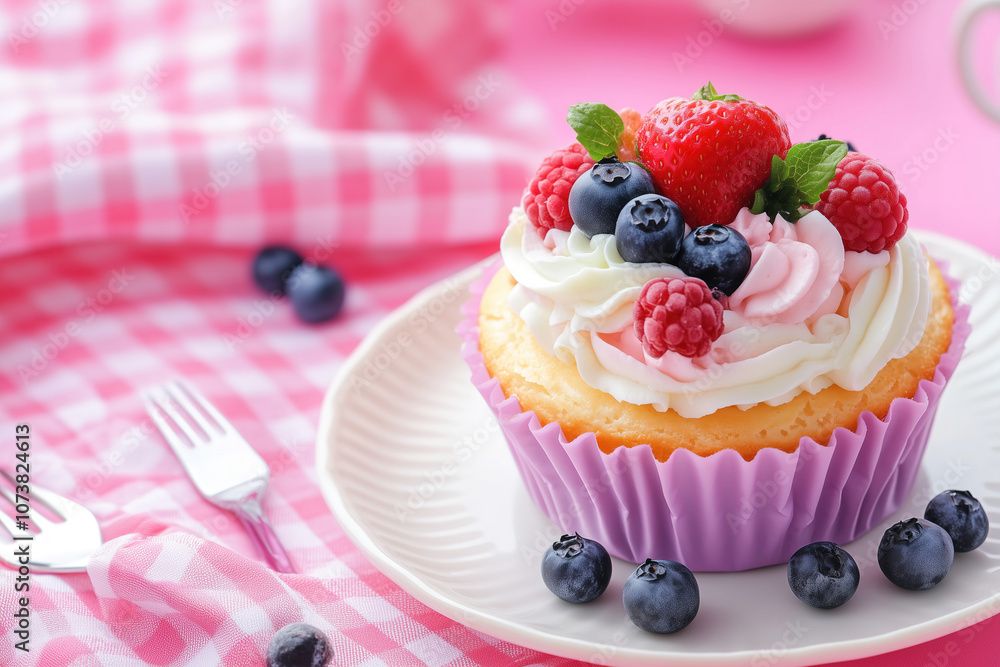 Delicious cupcake topped with fresh strawberries, raspberries, and blueberries on a pink checkered tablecloth. Generative AI Delicious cupcake topped with fresh strawberries, raspberries, and blueberries on a pink checkered tablecloth. Generative AI