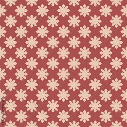 Vector seamless pattern in retro vintage style. Simple geometric floral ornament. Red and beige abstract background texture with bold flower silhouettes, sun, repeat tiles. Decorative geo design