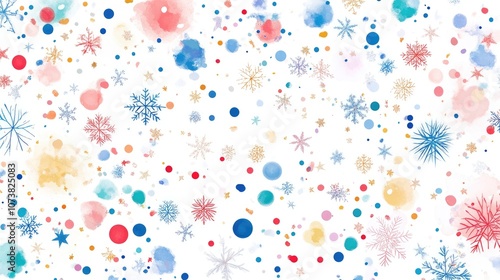 Abstract winter backdrop featuring snowflakes stars and colorful confetti elements