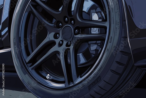 black car wheel and tire with alloy design and deep tread pattern